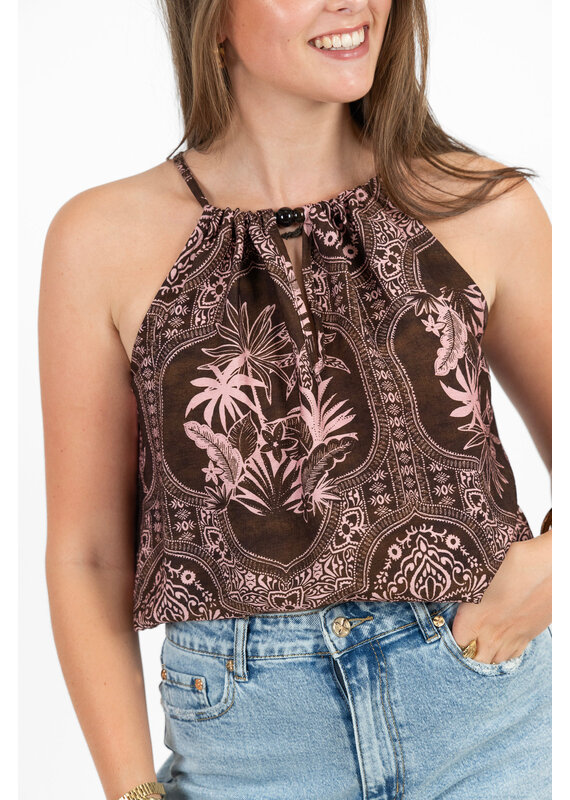 21Jewelz Haltertop met zomerse print en kralen - bruin/roze