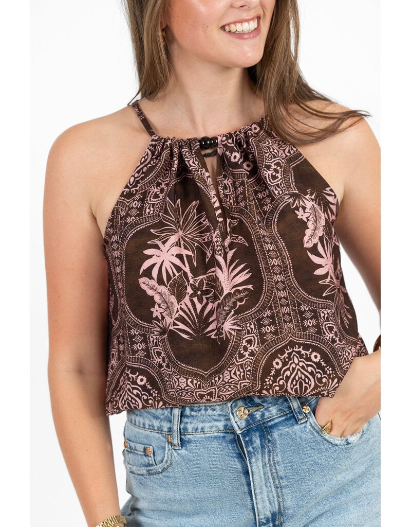 21Jewelz Haltertop met zomerse print en kralen - bruin/roze