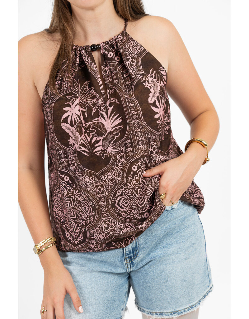 21Jewelz Haltertop met zomerse print en kralen - bruin/roze