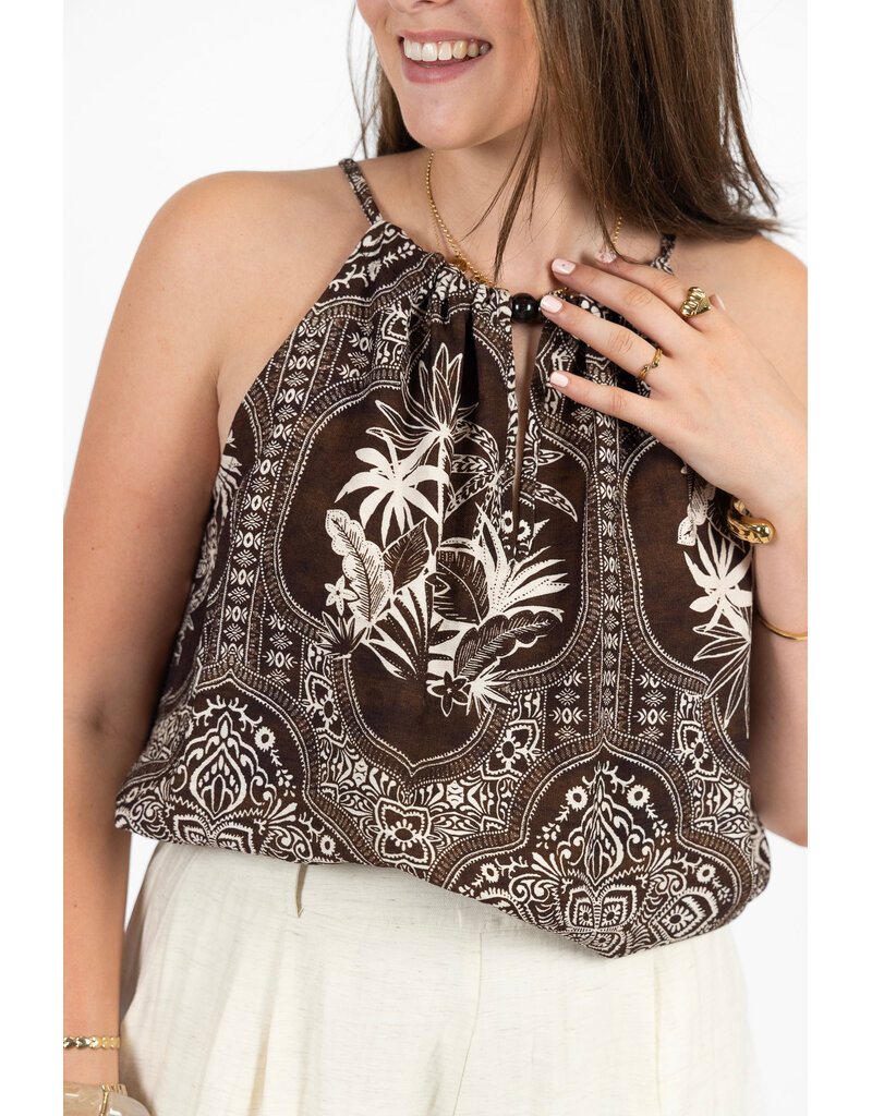 21Jewelz Haltertop met zomerse print en kralen - bruin/ecru