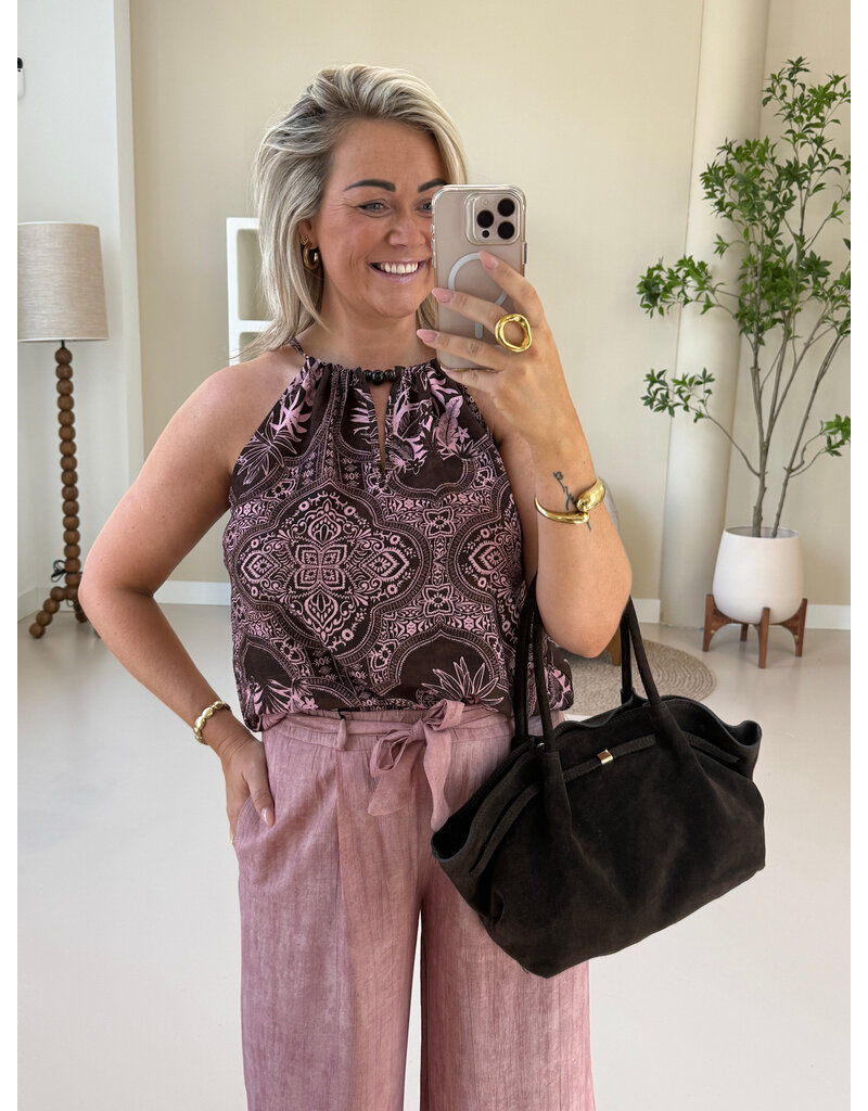 21Jewelz Haltertop met zomerse print en kralen - bruin/roze