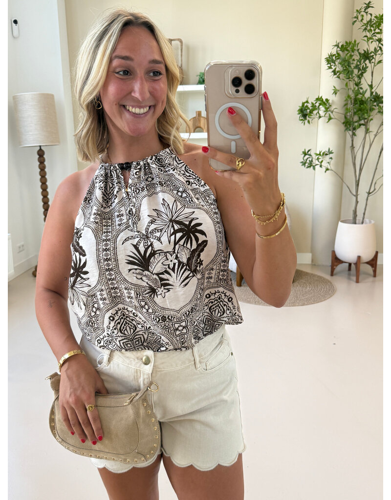 21Jewelz Haltertop met zomerse print en kralen - bruin/ecru