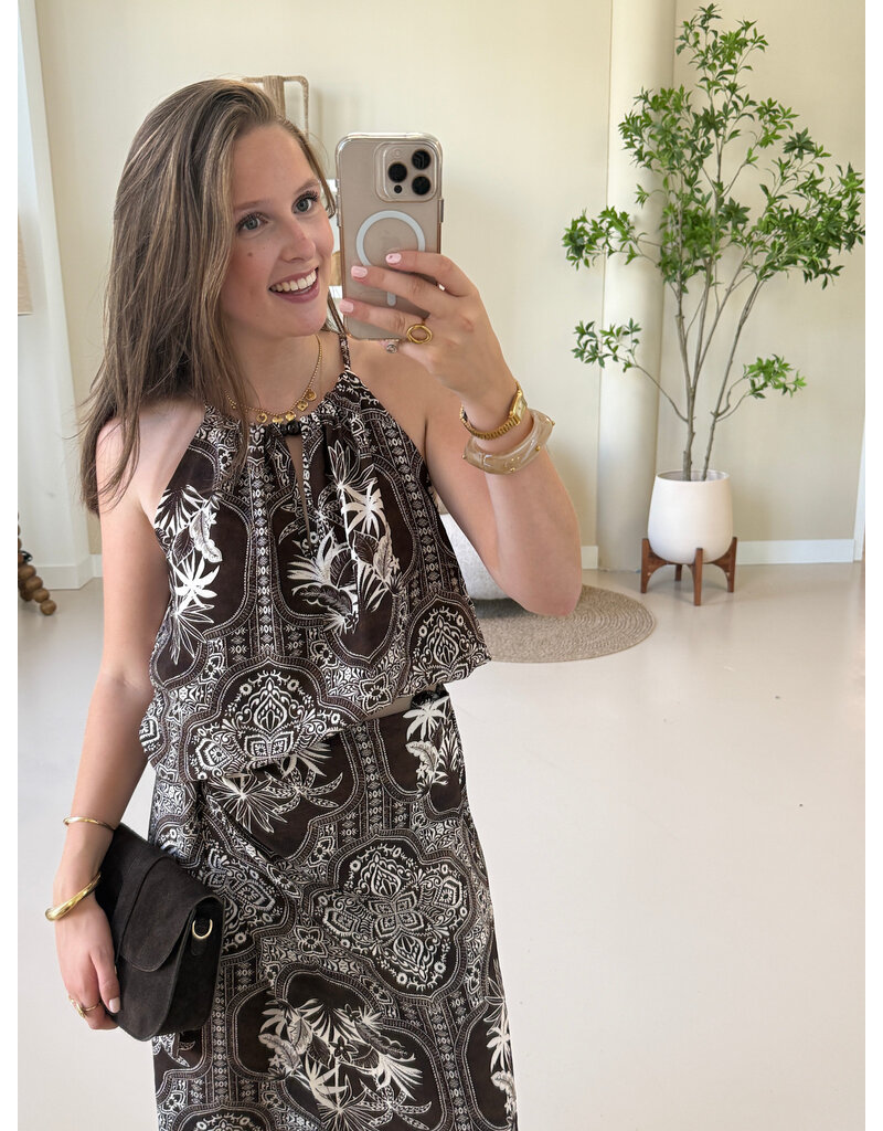 21Jewelz Haltertop met zomerse print en kralen - bruin/ecru