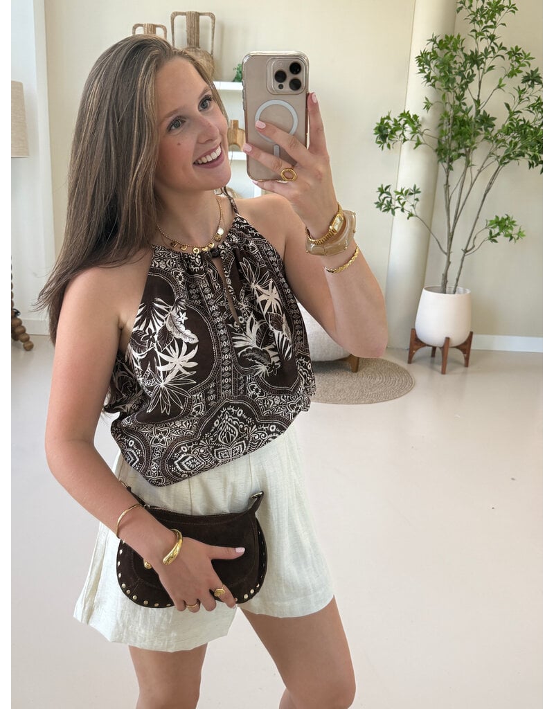21Jewelz Haltertop met zomerse print en kralen - bruin/ecru