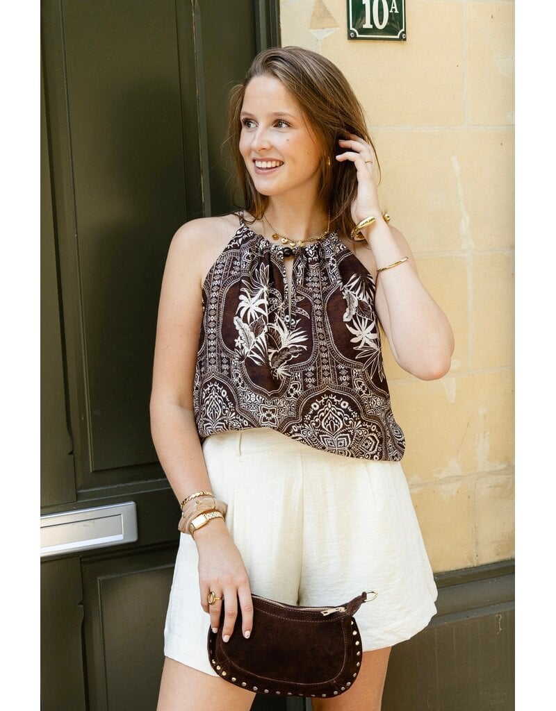 21Jewelz Haltertop met zomerse print en kralen - bruin/ecru