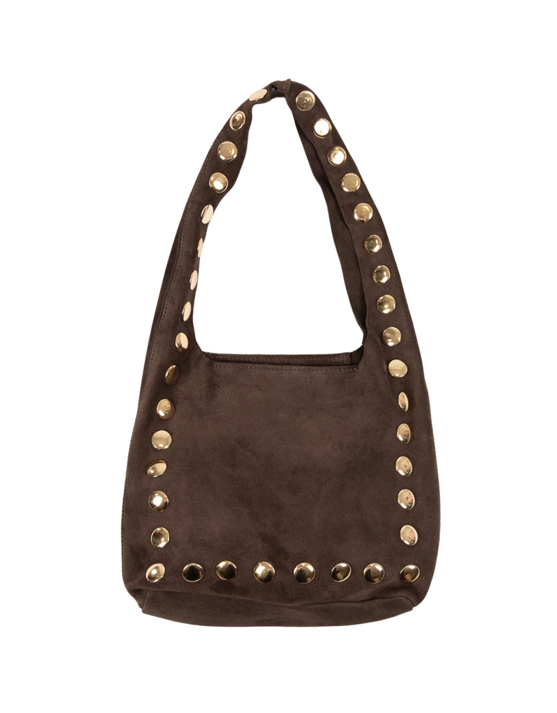 21Jewelz Middelgrote suede shopper met gouden studs - donkerbruin