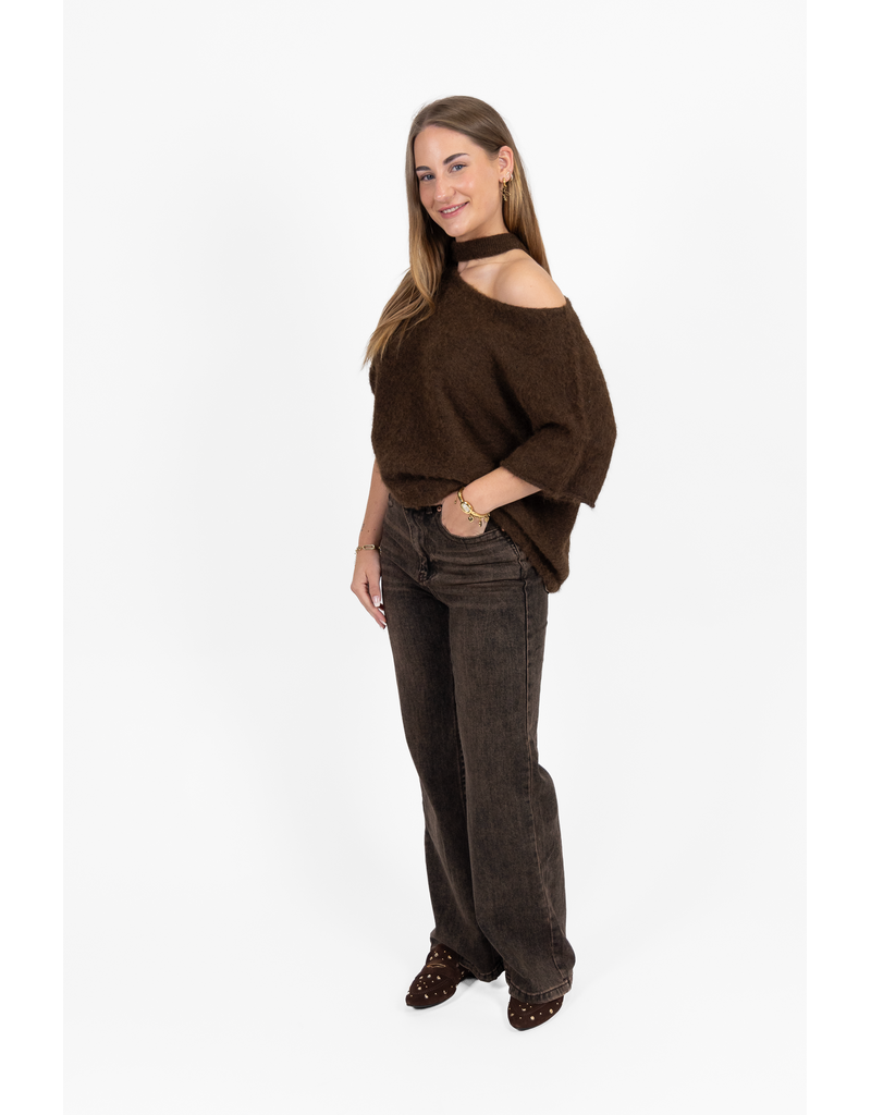 21Jewelz Gebreide one shoulder truitje - bruin