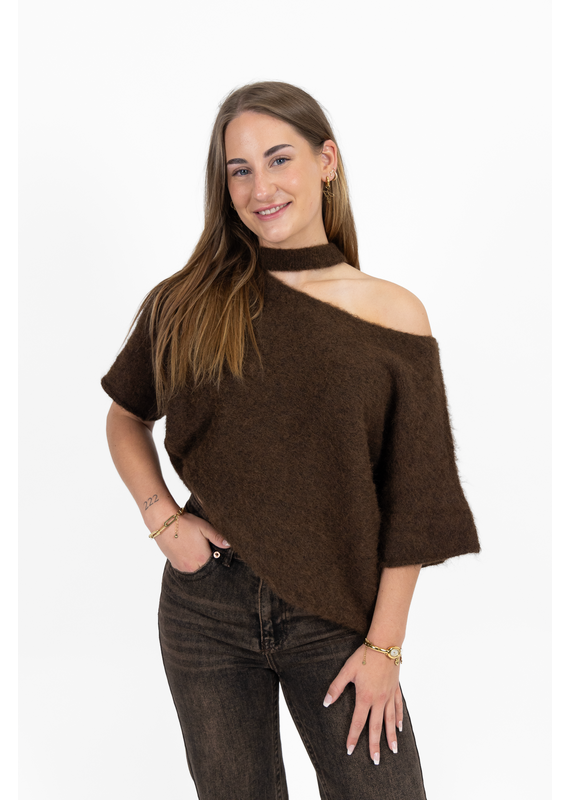 21Jewelz Gebreide one shoulder truitje - bruin