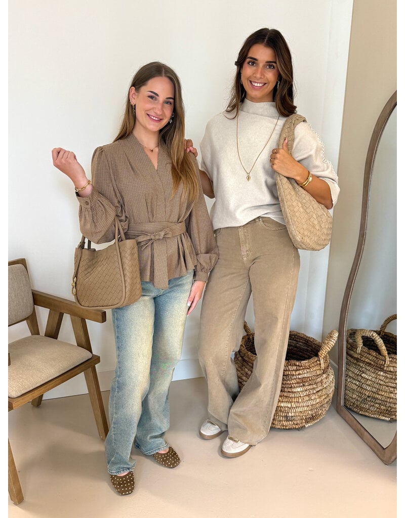 21Jewelz Geruite blouse met ceintuur - beige