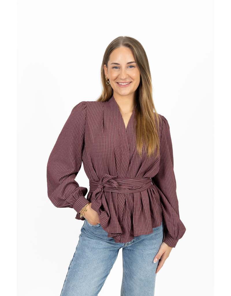 21Jewelz Geruite blouse met ceintuur - bordeaux