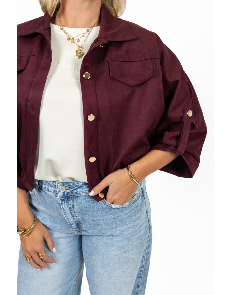 Suede-look jasje met gouden knoopjes - bordeaux