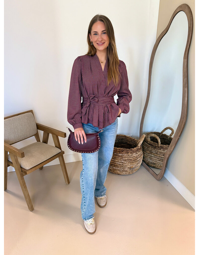 21Jewelz Geruite blouse met ceintuur - bordeaux