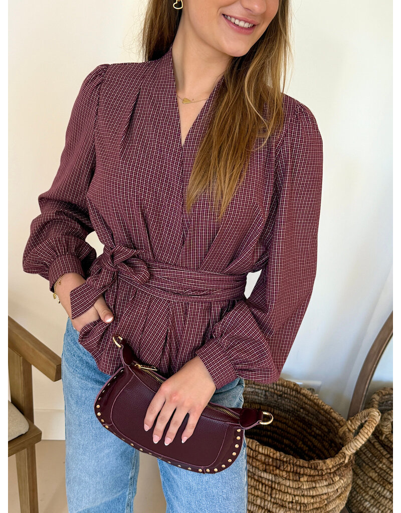 21Jewelz Geruite blouse met ceintuur - bordeaux