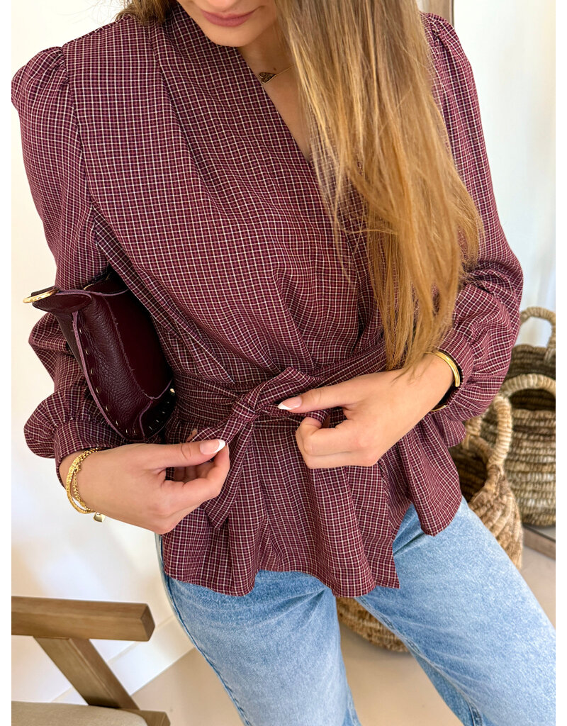 21Jewelz Geruite blouse met ceintuur - bordeaux
