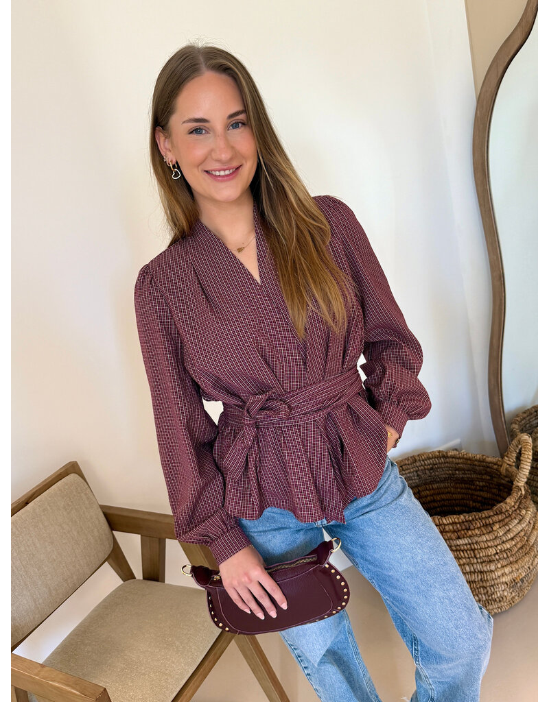 21Jewelz Geruite blouse met ceintuur - bordeaux