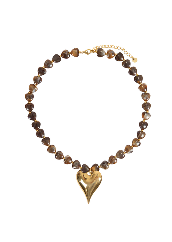 21Jewelz Ketting met hartjes kralen & groot hart - bruin
