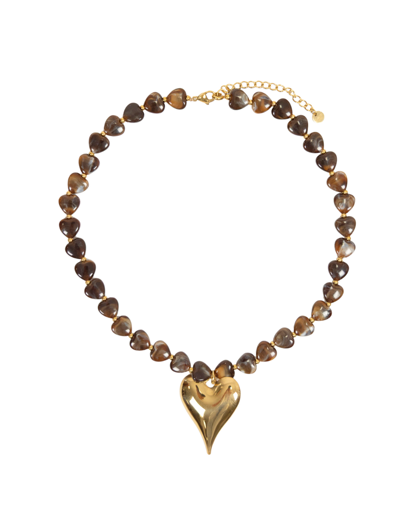 21Jewelz Ketting met hartjes kralen & groot hart - bruin