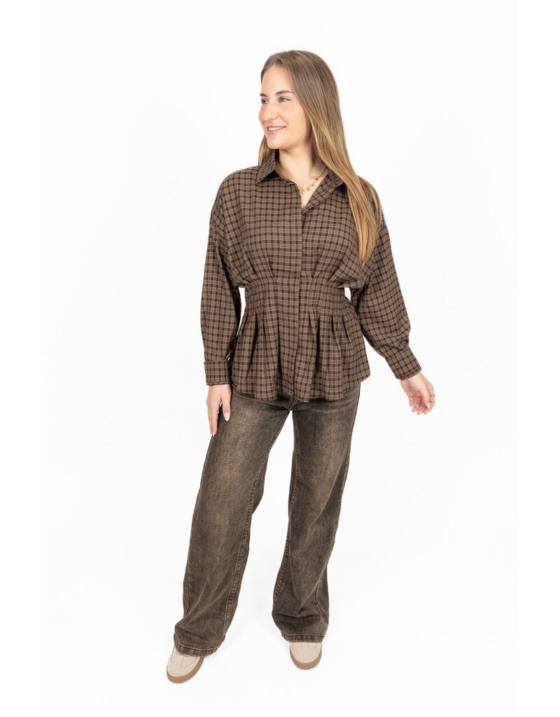 21Jewelz Geruite peplum blouse met kraag - bruin