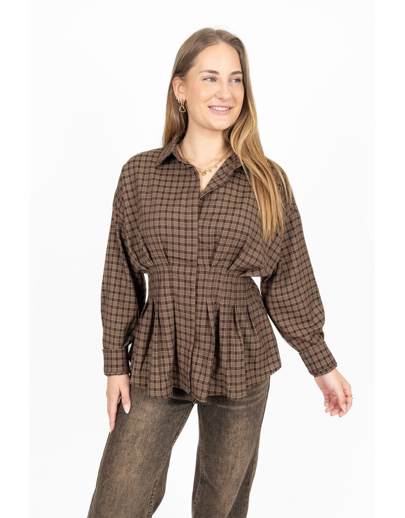 21Jewelz Geruite peplum blouse met kraag - bruin