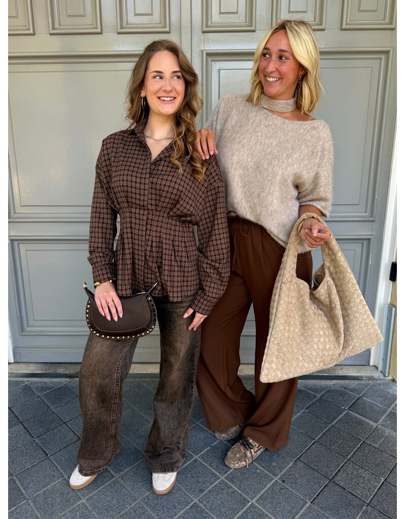 21Jewelz Geruite peplum blouse met kraag - bruin