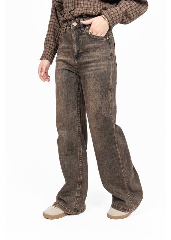 Jewelly Wide leg jeans - washed donkerbruin