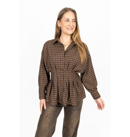21Jewelz Geruite peplum blouse met kraag - bruin