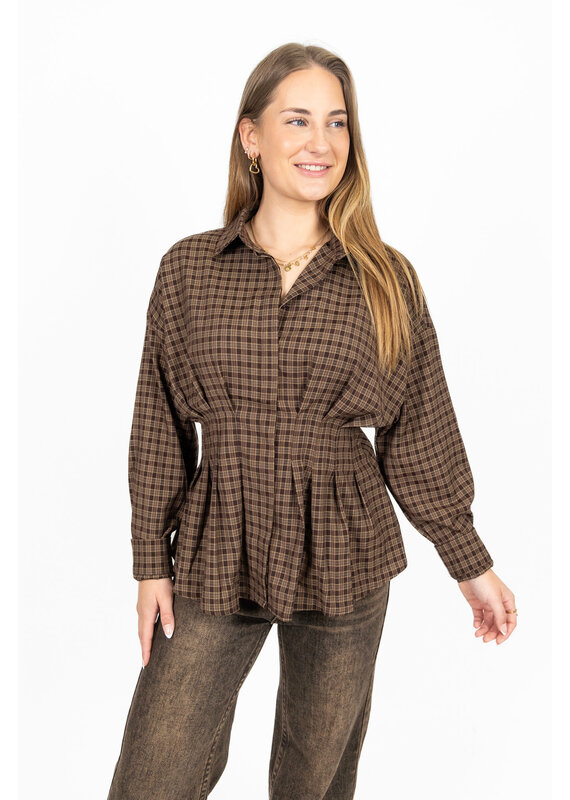 21Jewelz Geruite peplum blouse met kraag - bruin