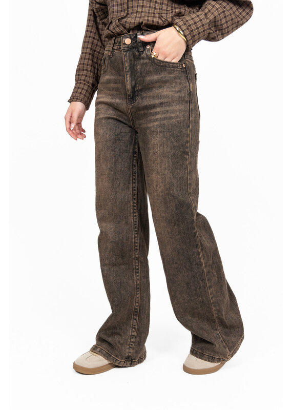 Jewelly Wide leg jeans - washed donkerbruin
