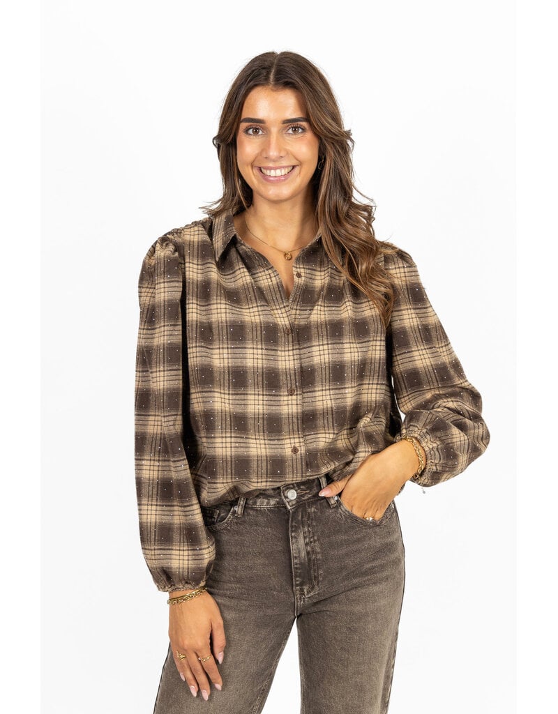 21Jewelz Bruin/camel geruite cropped blouse met pofmouwen en glitterdetails