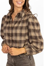 21Jewelz Bruin/camel geruite cropped blouse met pofmouwen en glitterdetails