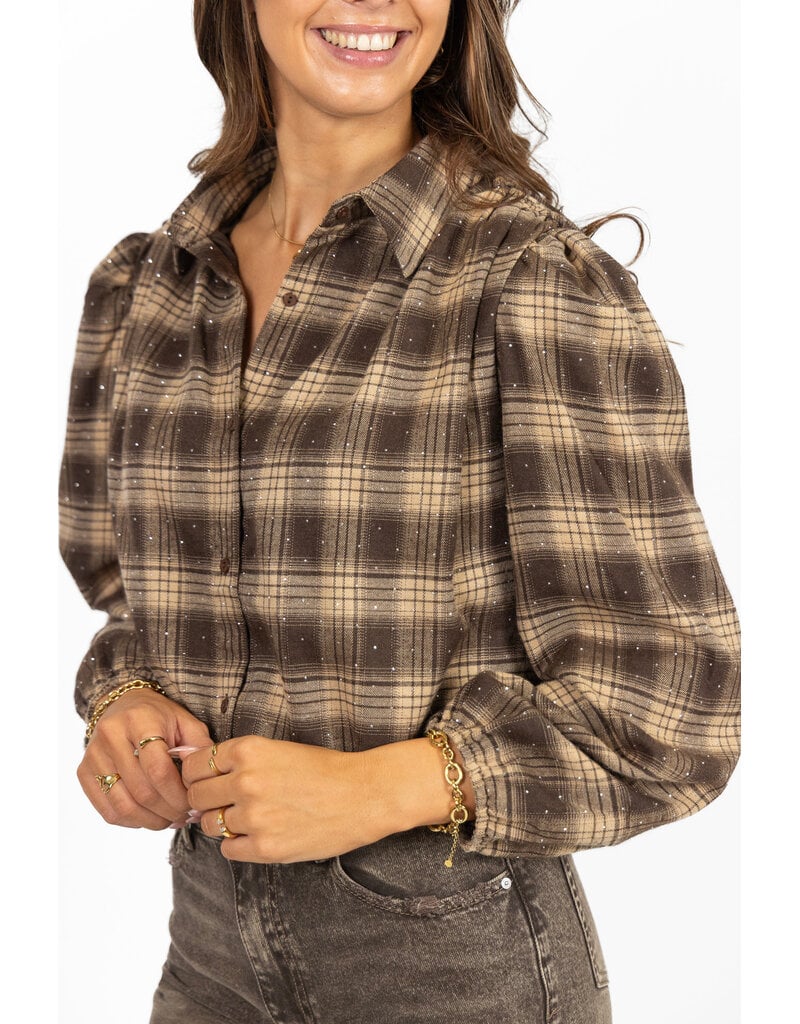 21Jewelz Bruin/camel geruite cropped blouse met pofmouwen en glitterdetails