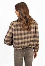 21Jewelz Bruin/camel geruite cropped blouse met pofmouwen en glitterdetails