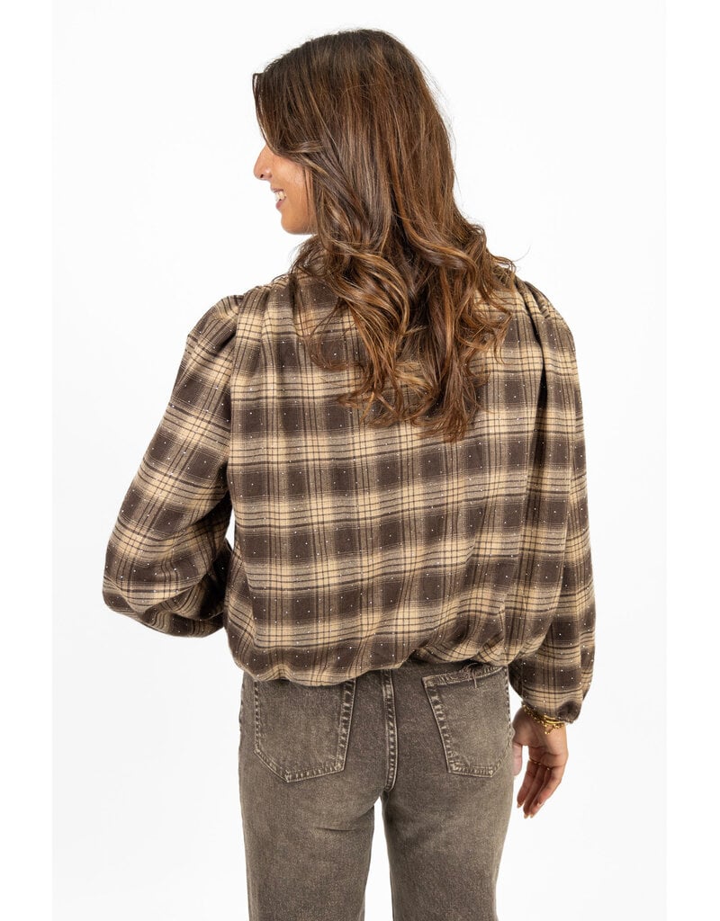 21Jewelz Bruin/camel geruite cropped blouse met pofmouwen en glitterdetails