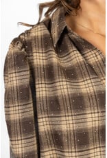 21Jewelz Bruin/camel geruite cropped blouse met pofmouwen en glitterdetails