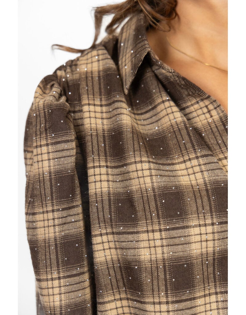 21Jewelz Bruin/camel geruite cropped blouse met pofmouwen en glitterdetails