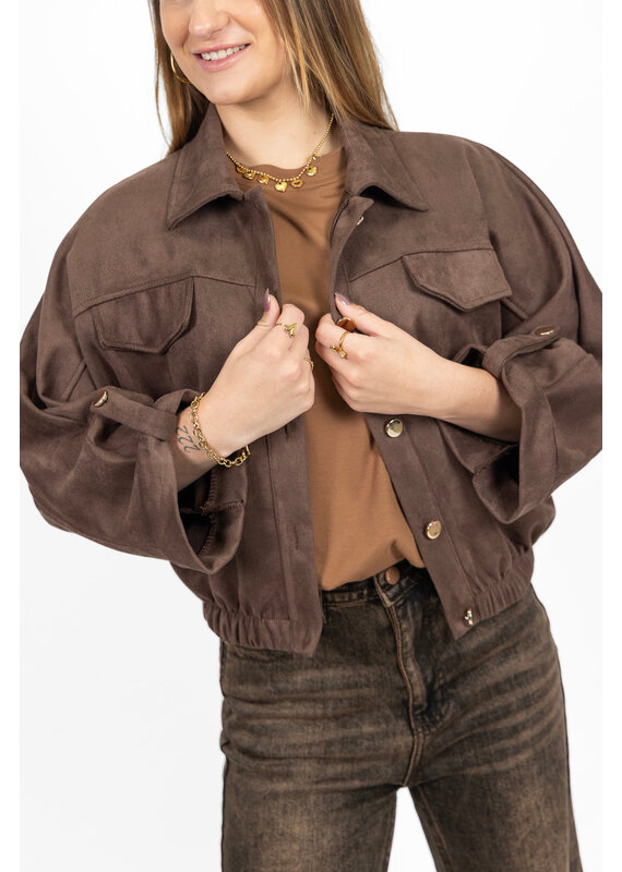 Suede-look jasje met gouden knoopjes - bruin