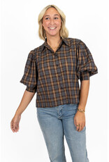 21Jewelz Geruite blouse met pofmouw - donkerblauw/camel