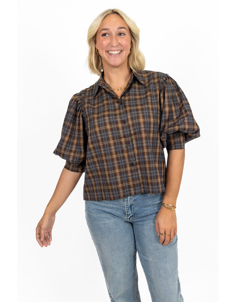 21Jewelz Geruite blouse met pofmouw - donkerblauw/camel