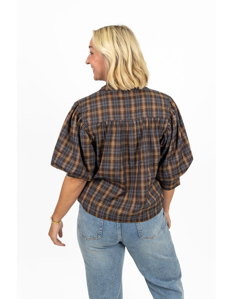 21Jewelz Geruite blouse met pofmouw - donkerblauw/camel