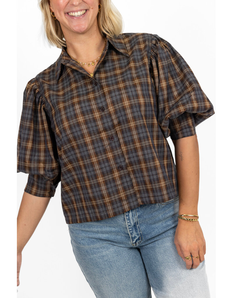 21Jewelz Geruite blouse met pofmouw - donkerblauw/camel