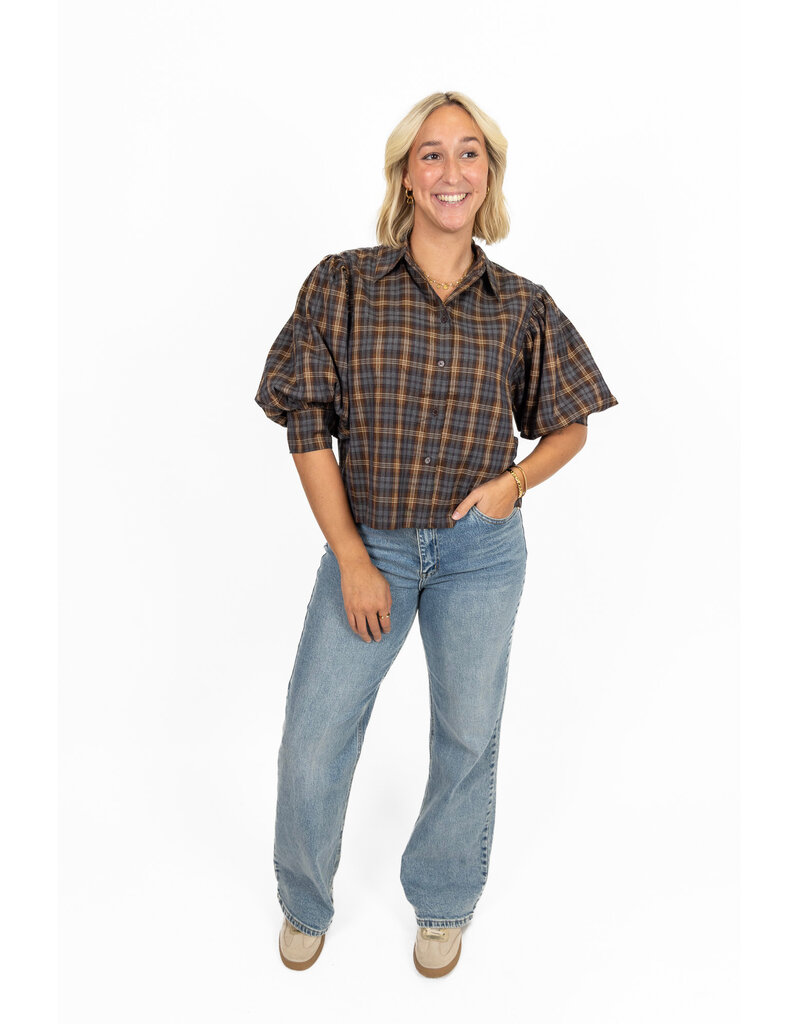 21Jewelz Geruite blouse met pofmouw - donkerblauw/camel