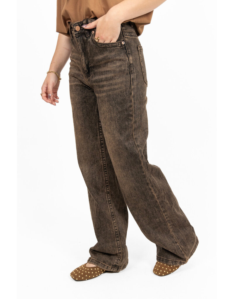 Jewelly Wide leg jeans - washed donkerbruin