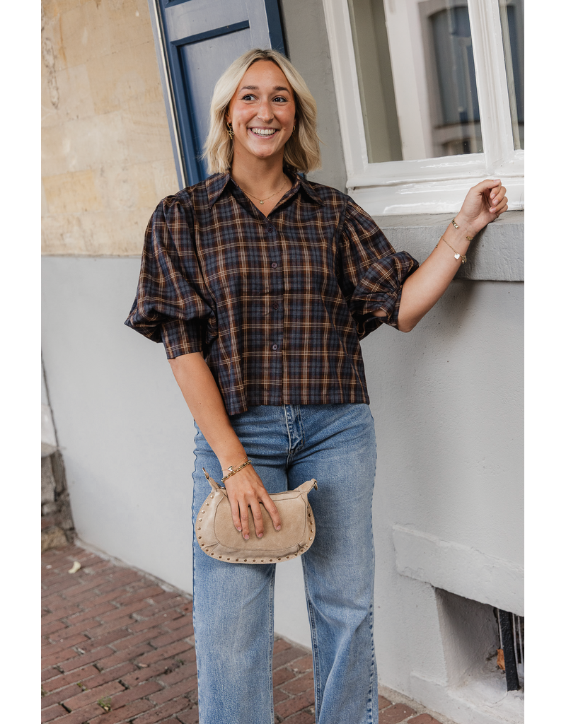 21Jewelz Geruite blouse met pofmouw - donkerblauw/camel