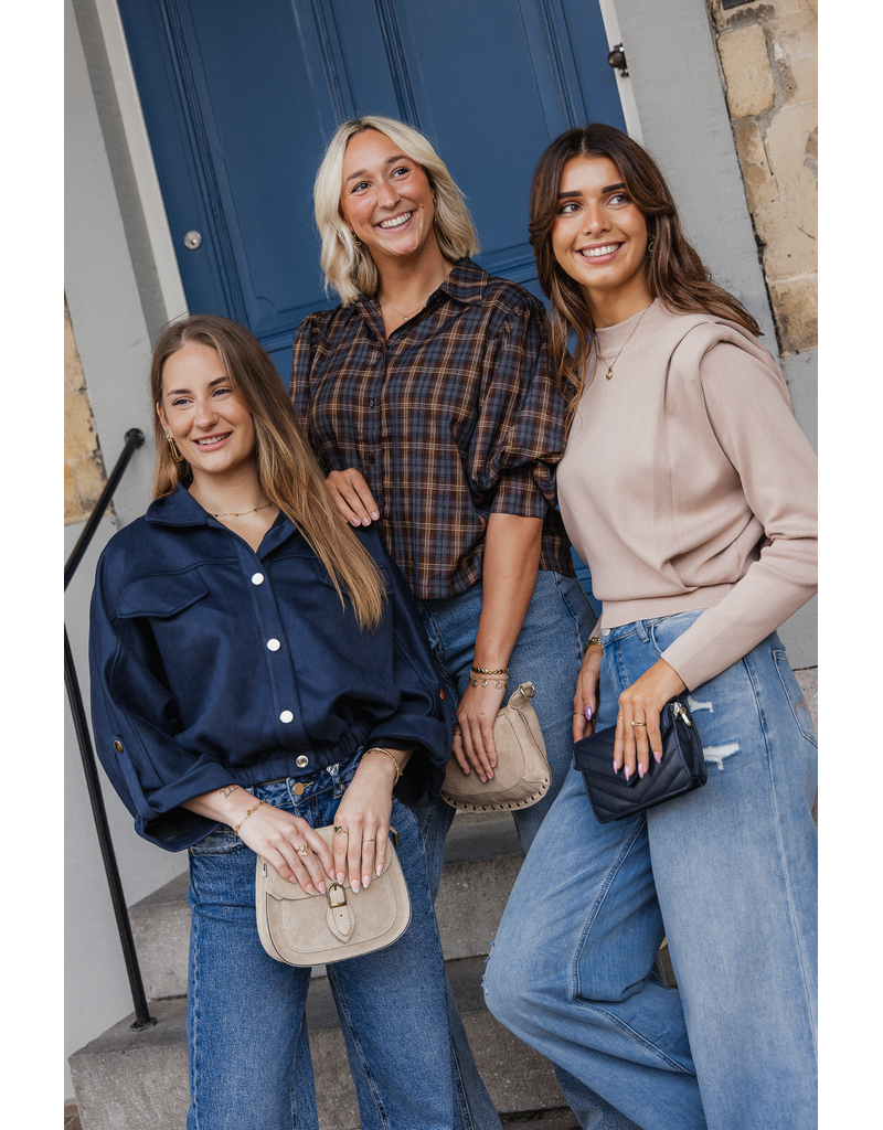 21Jewelz Geruite blouse met pofmouw - donkerblauw/camel