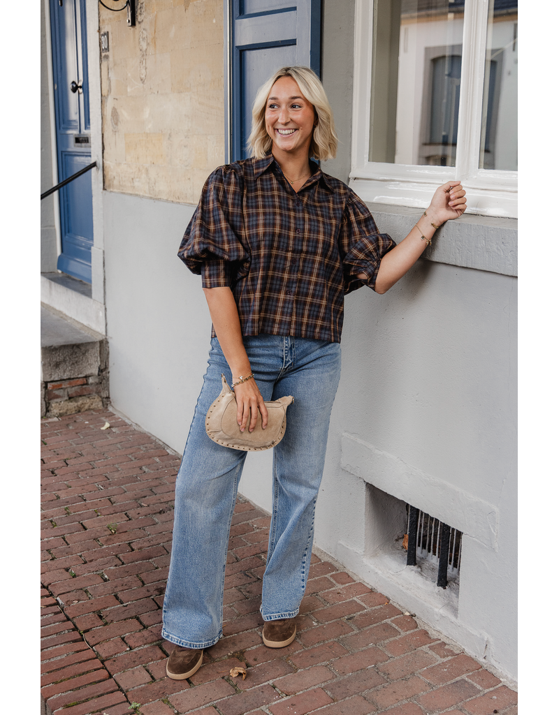 21Jewelz Geruite blouse met pofmouw - donkerblauw/camel