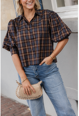 21Jewelz Geruite blouse met pofmouw - donkerblauw/camel