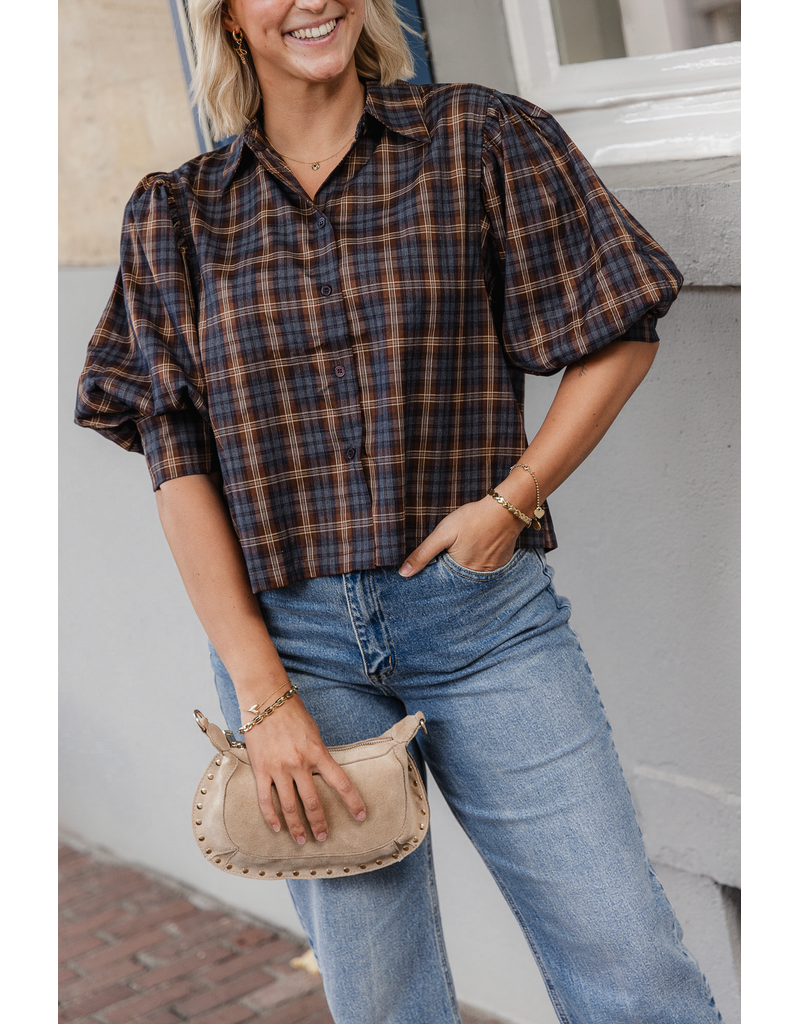 21Jewelz Geruite blouse met pofmouw - donkerblauw/camel