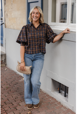 21Jewelz Geruite blouse met pofmouw - donkerblauw/camel