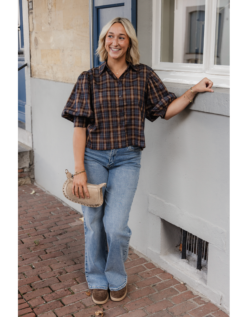 21Jewelz Geruite blouse met pofmouw - donkerblauw/camel