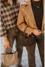 21Jewelz Bruin/camel geruite cropped blouse met pofmouwen en glitterdetails